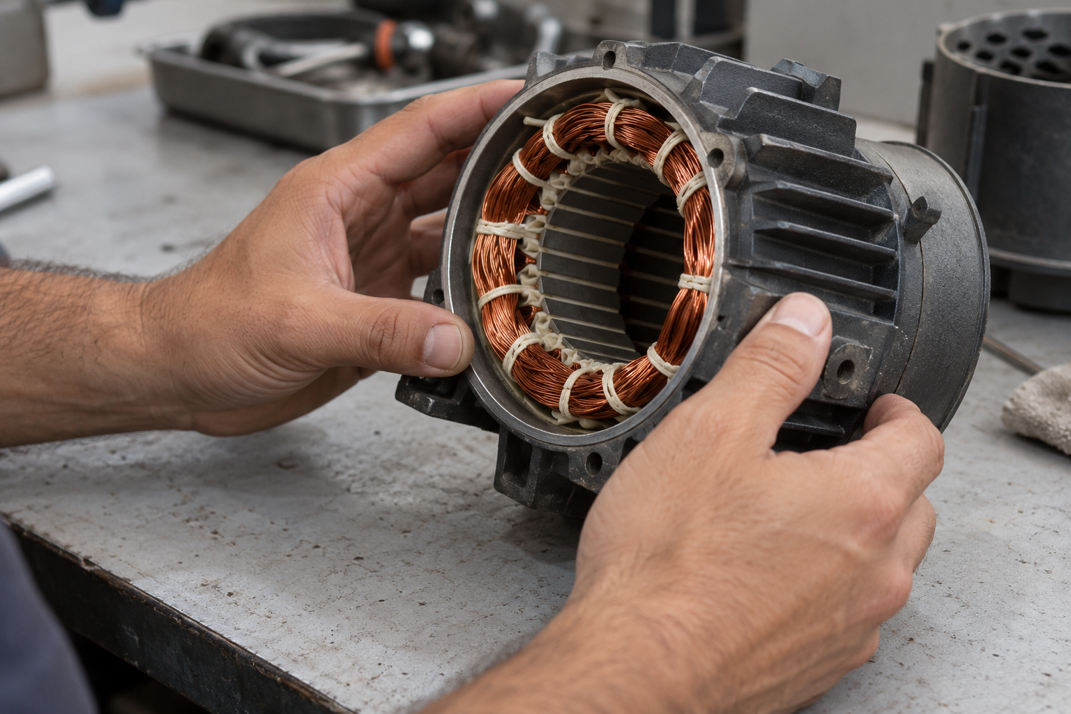 Técnico revisando el bobinado de un motor de bomba