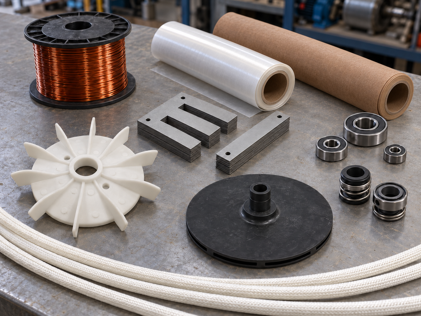 Alambre de cobre, rollos de Mylar y Pressphan, mangas largas de fibra de vidrio, ventilador e impulsor plásticos y sellos mecánicos
